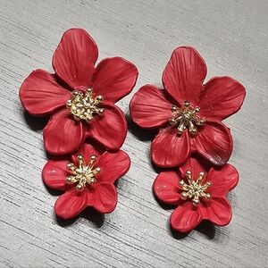 Crimson Red Anthropologie Double Flower Drop Earrings